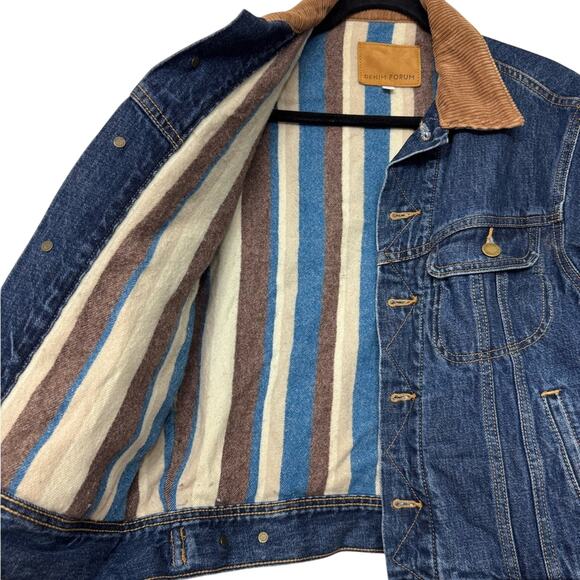 Aritzia Denim Forum Corduroy Collar Jean Jacket Oversized XS Blue Brown - Picture 2 of 9